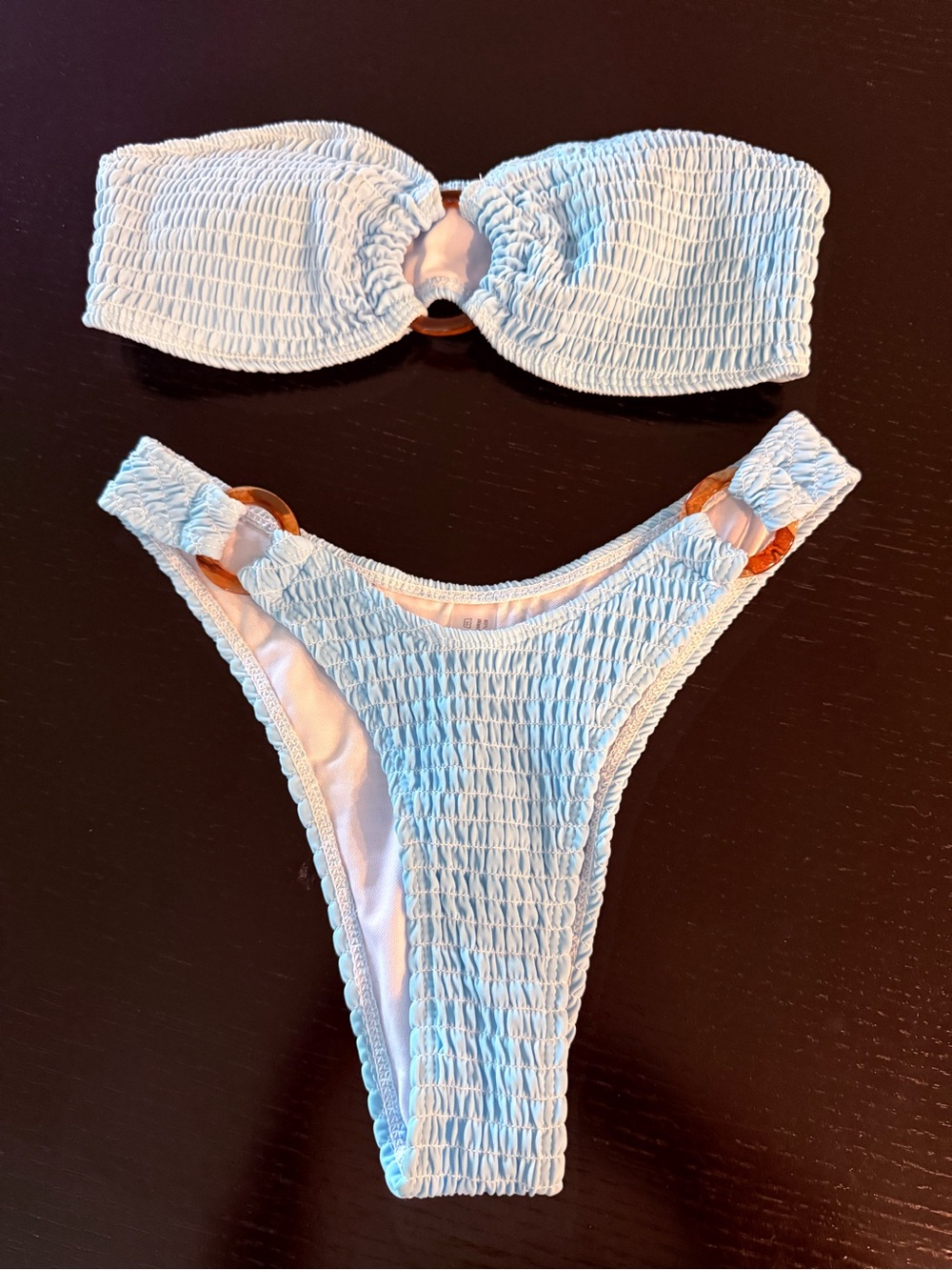 Smocked Bandeau Bikini Set with Ring Detail in Light Blue